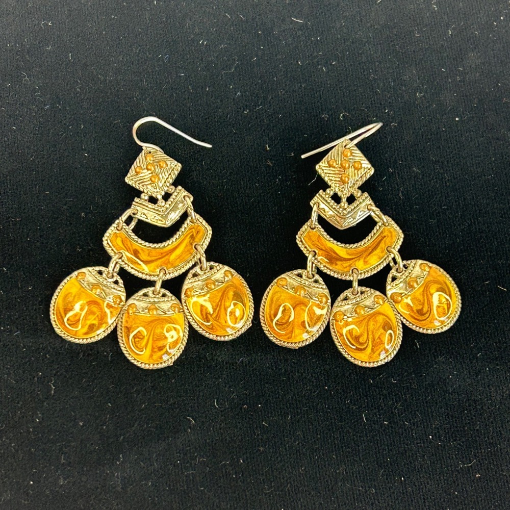 Edgar Berebi Chandelier Earrings Amber Brown‎ Silver Tone Metal Dangle Statement